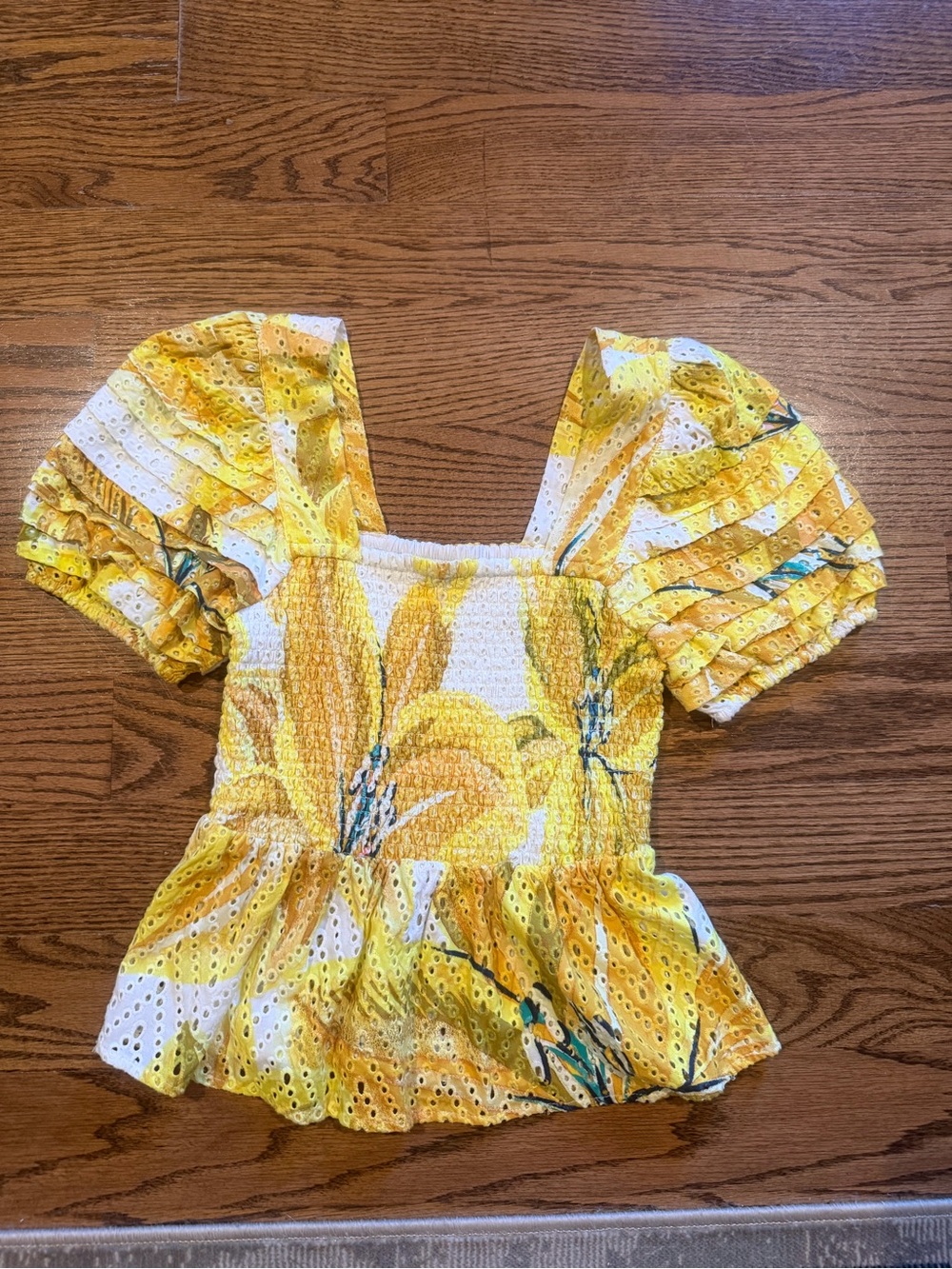 FARM Rio Yellow Floral Puff-Sleeve Smocked Peplum Top